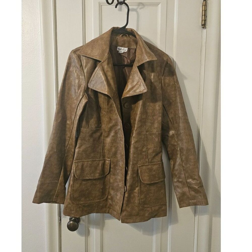 Wet Seal Vintage Y2K Faux Leather Distressed Brown Blazer Jacket Coat Sz M